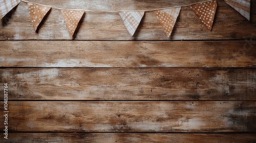 Triangular bunting flags made of rustic wood, set against an aged wooden plank background, convey a sense of warmth and nostalgia in this atmospheric image.