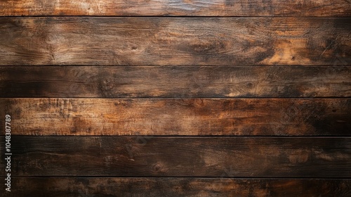 Image showcasing rich brown wooden planks, accentuated by a heavy texture overlay, providing a deep, rustic atmosphere ideal for backdrops and decor. photo