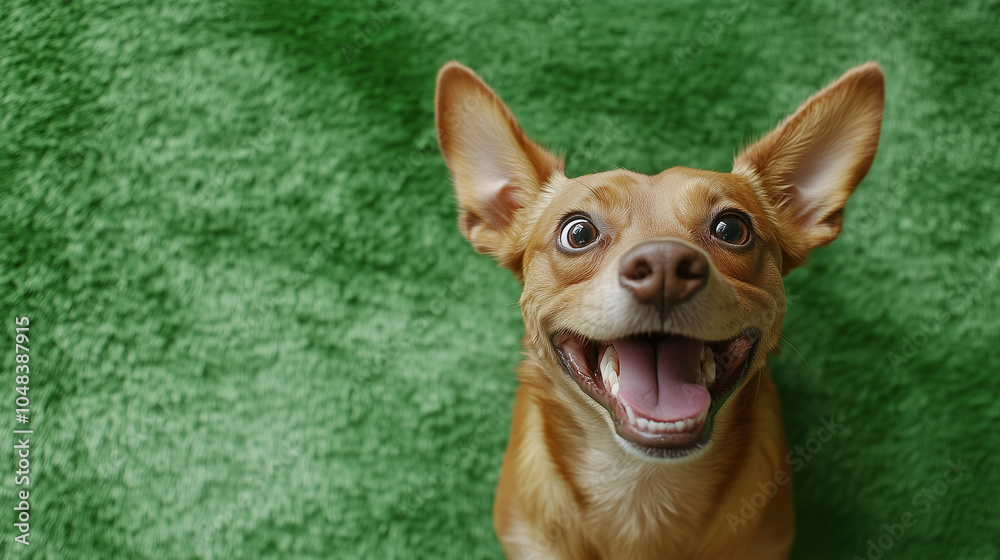 Obraz premium A happy dog with an open smile on a green background, looking playful