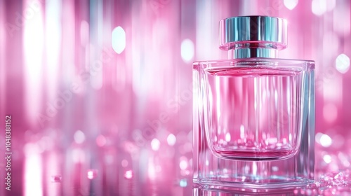 A chic pink perfume bottle stands amidst a captivating backdrop of sparkling lights, capturing luxury and modernity in a sophisticated and stylish presentation. photo