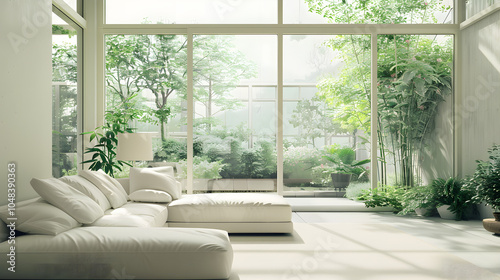 Living room, modern style living room, clear glass walls, simple, comfortable to the eyes, designed with nature, trees and green areas. 