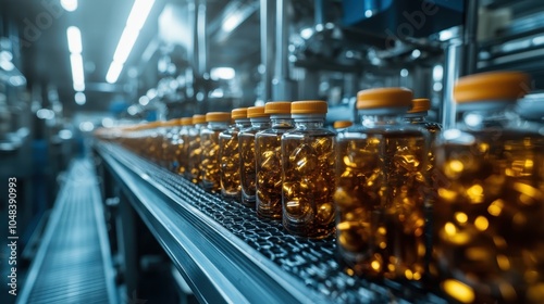 A series of glass jars filled with golden capsules smoothly moving along an assembly line in a state-of-the-art pharmaceutical manufacturing facility, highlighting efficiency and automation. photo