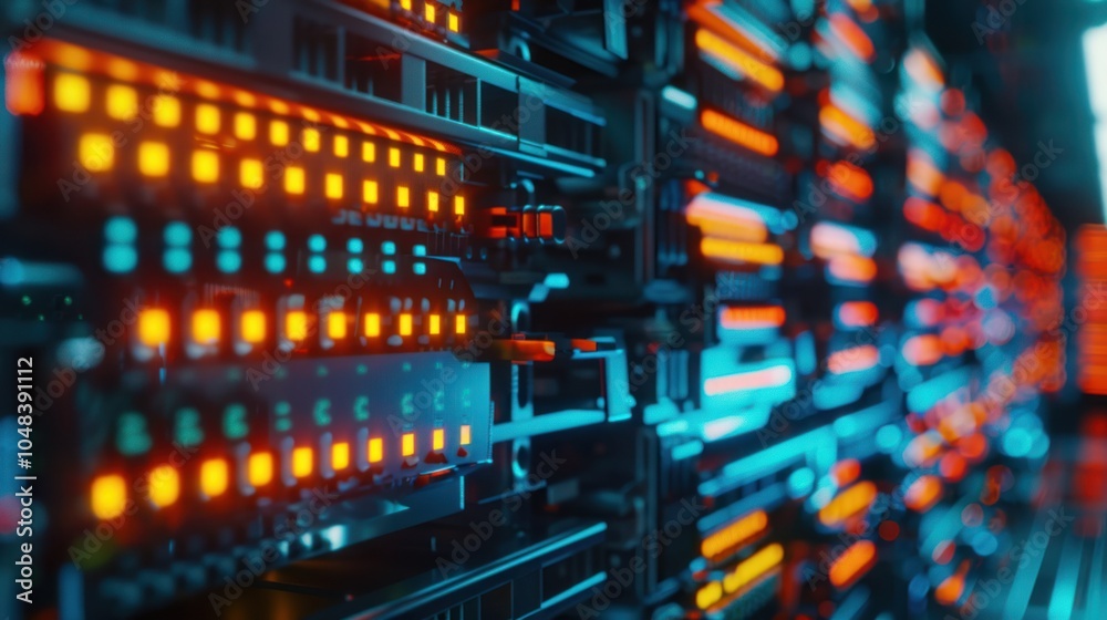 Close-up of a Server Rack with Illuminated Lights Close-up of a Server Rack with Illuminated Lights