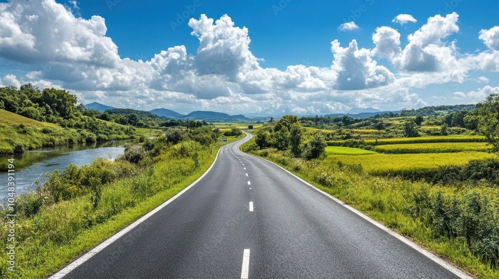Empty asphalt road winding through green countryside under a blue sky with white clouds. Empty asphalt road winding through green countryside under a blue sky with white clouds.