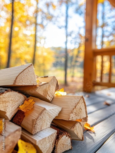 Stack of firewood neatly piled next to a cabin porch, surrounded by golden autumn leaves and sunlight filtering through the trees. photo