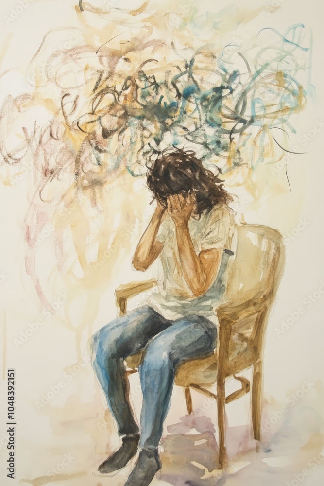 Watercolor Painting of a Person Slouched in a Chair Expressing Despair in Therapist's Office Watercolor Painting of a Person Slouched in a Chair Expressing Despair in Therapist's Office