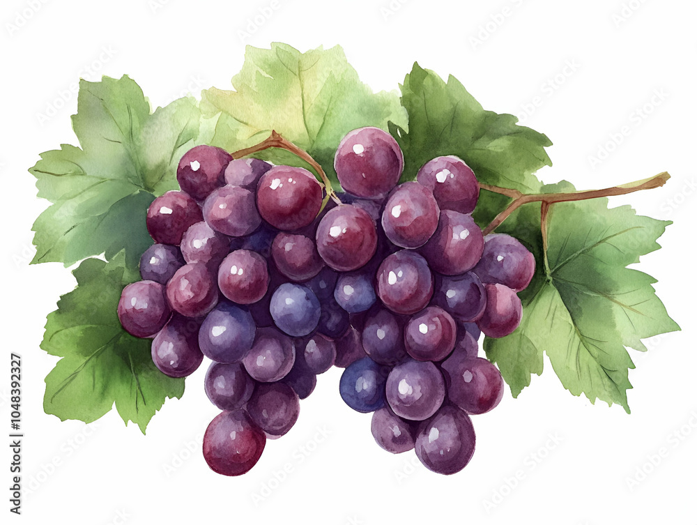 Fototapeta premium Grapes with green leaves, white isolated background