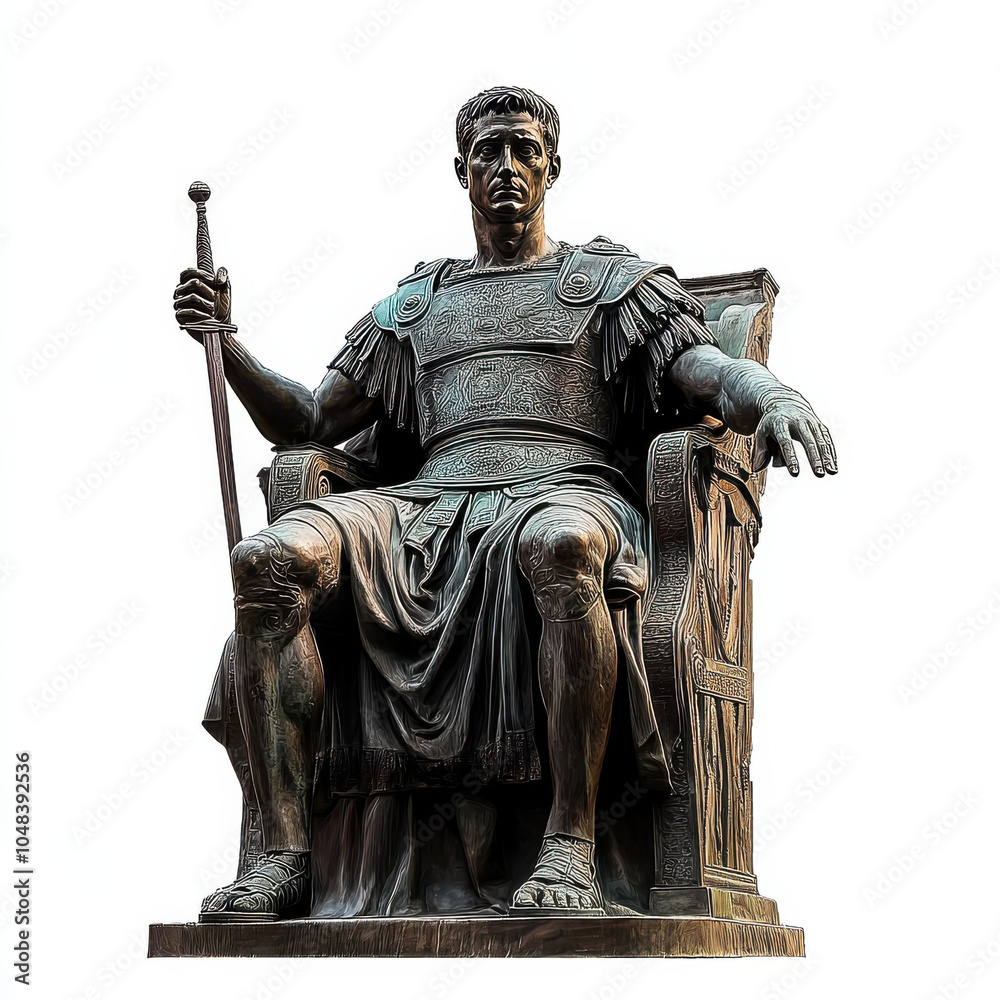 Obraz premium majestic bronze statue of Roman emperor seated on throne, exuding power and authority. intricate details of armor and regal posture convey sense of historical significance and grandeur