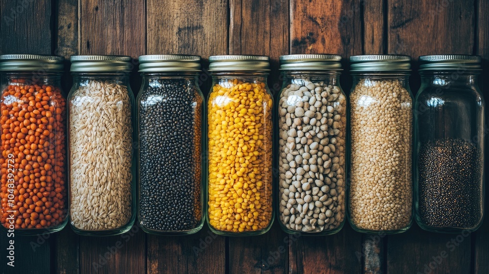 Colorful Jars of Different Grains and Legumes Colorful Jars of Different Grains and Legumes
