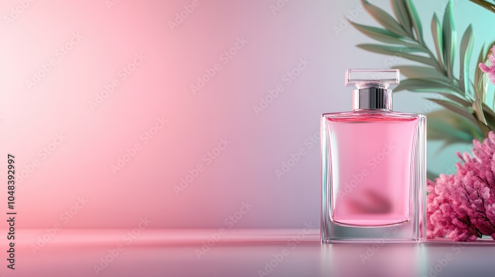 A sophisticated glass perfume bottle on a reflective surface, surrounded by delicate pink flowers with soft lighting and gradients for an elegant look. A sophisticated glass perfume bottle on a reflective surface, surrounded by delicate pink flowers with soft lighting and gradients for an elegant look.