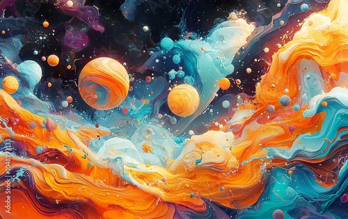 Abstract colorful background with swirling flowing paint and planets