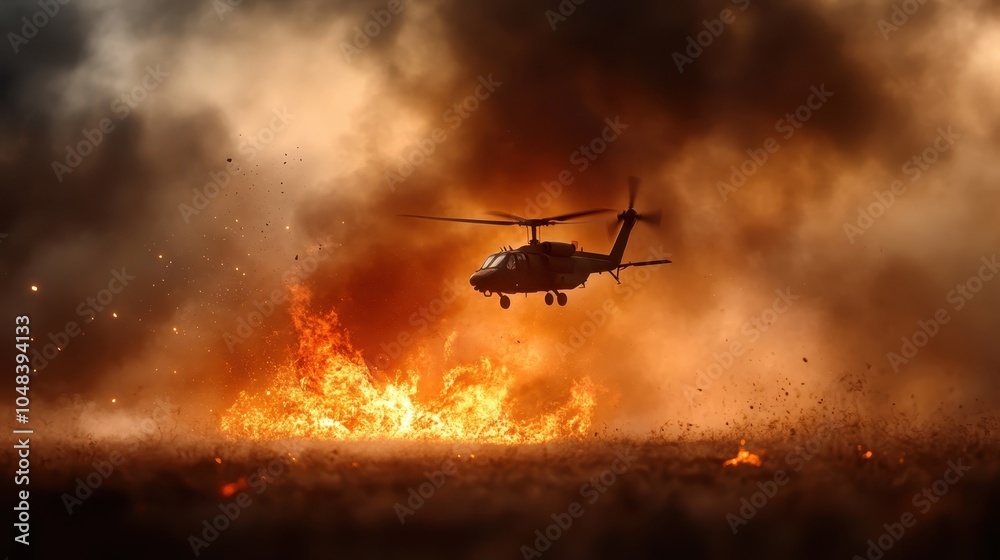 A helicopter hovers over a fiery ground blast in a conflict zone, presenting a dramatic and high-stakes scene filled with smoke, danger, and raw human emotion. A helicopter hovers over a fiery ground blast in a conflict zone, presenting a dramatic and high-stakes scene filled with smoke, danger, and raw human emotion.