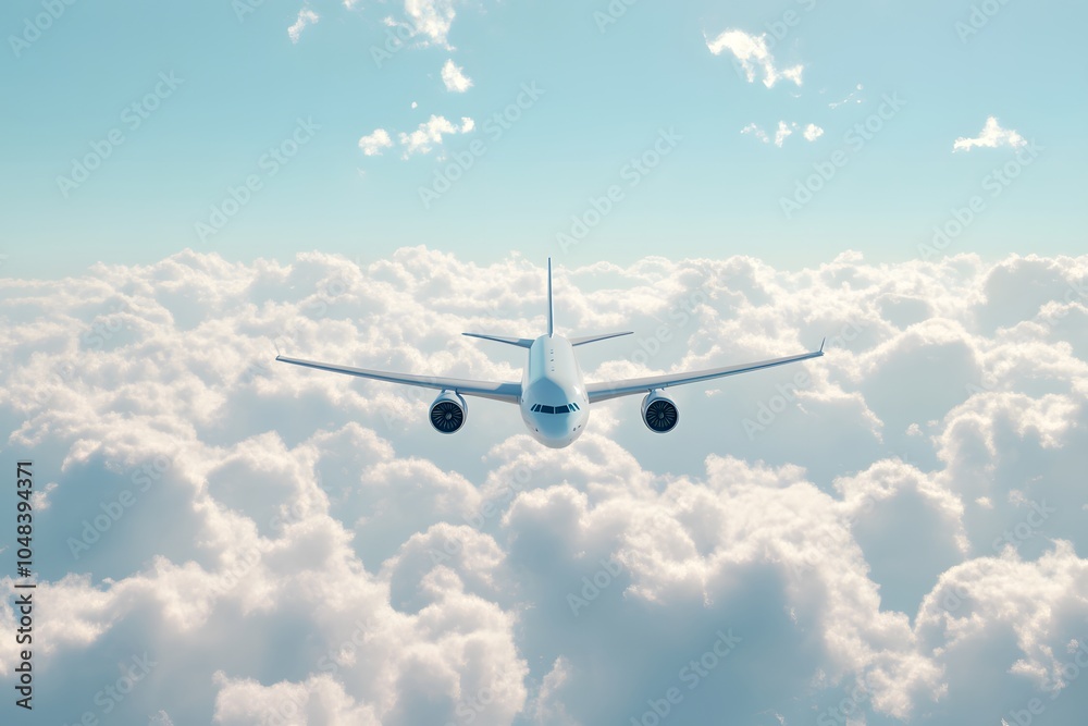 Obraz premium A plane flies above fluffy clouds under a clear blue sky, symbolizing travel and exploration.