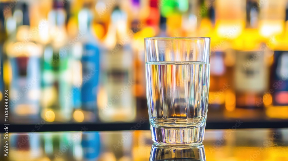 A crystal-clear glass of water on a sleek bar counter, with a soft-focus background of colorful liquor bottles. A crystal-clear glass of water on a sleek bar counter, with a soft-focus background of colorful liquor bottles.