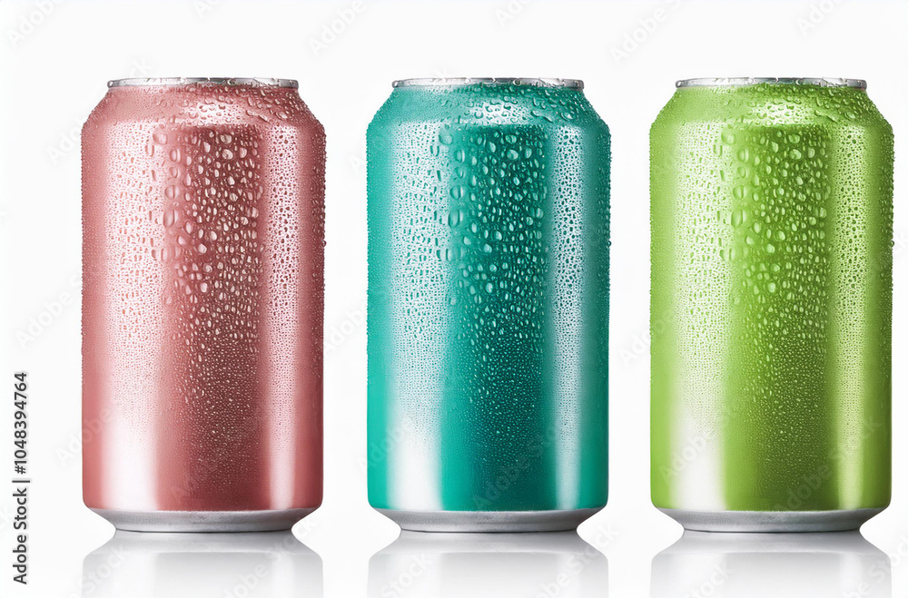 The vector image features realistic metal cans, including aluminum soda and lemonade cans, with water drops and energy drink blank mockups, surrounded by water condensation on a white background. The vector image features realistic metal cans, including aluminum soda and lemonade cans, with water drops and energy drink blank mockups, surrounded by water condensation on a white background.