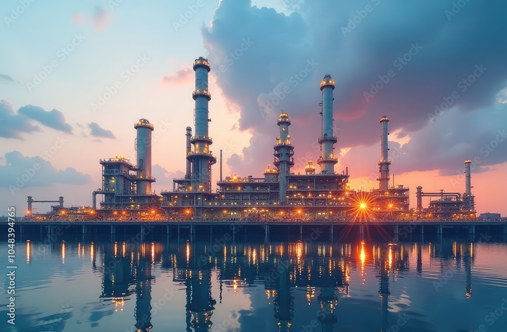 Future Plant and Energy Concept. Oil, Gas and Petrochemical Refinery with Double Exposure Showcasing Next Generation Future Plant and Energy Concept. Oil, Gas and Petrochemical Refinery with Double Exposure Showcasing Next Generation