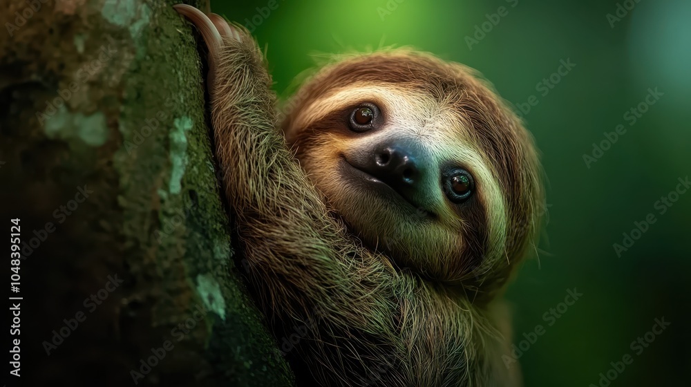 A curious facial expression on a sloth holding onto a tree is captured brilliantly, with a lush green backdrop that accentuates its soft fur and delicate pose. A curious facial expression on a sloth holding onto a tree is captured brilliantly, with a lush green backdrop that accentuates its soft fur and delicate pose.