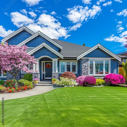 Beautiful blue suburban house with landscaped front yard, blooming flowers and blue sky photo