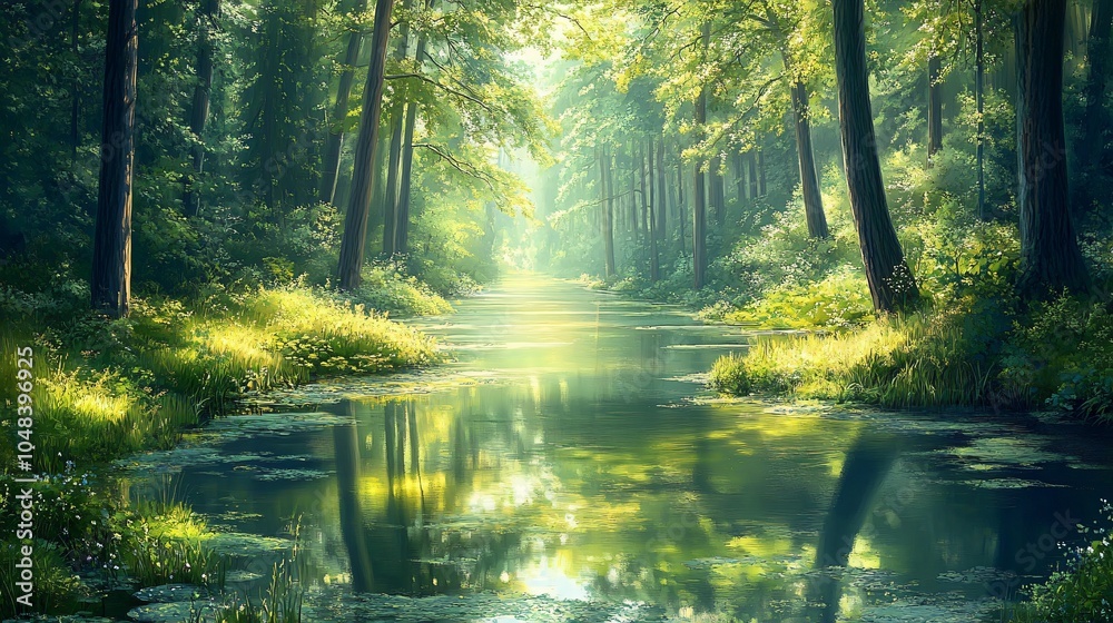 Obraz premium Serene Forest Stream With Sunbeams