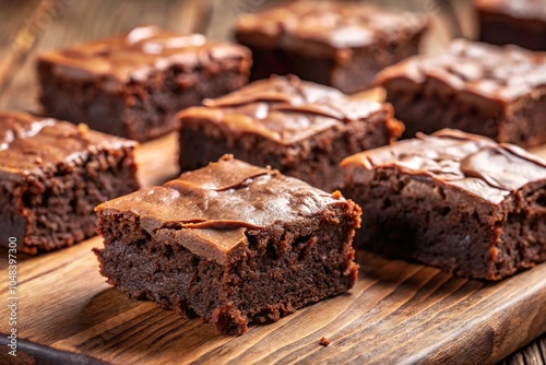 Top view of delicious fudgy brownies on rustic wooden table