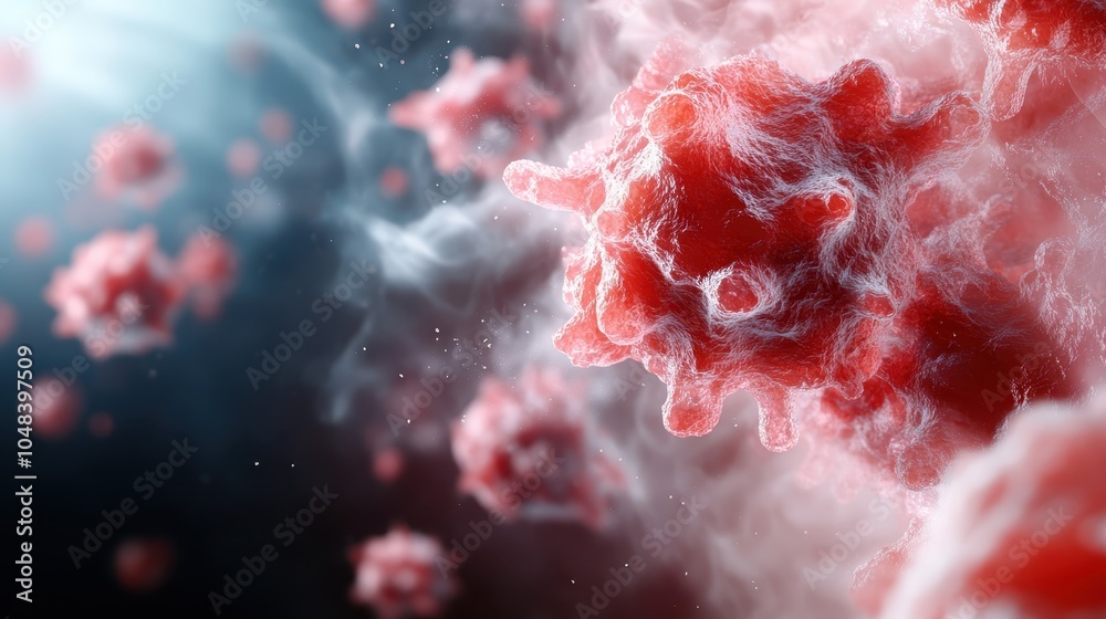 Close-up of virus cells with detailed textures and forms, conveying the complexity and impact of viruses in the microscopic landscape of life. Close-up of virus cells with detailed textures and forms, conveying the complexity and impact of viruses in the microscopic landscape of life.