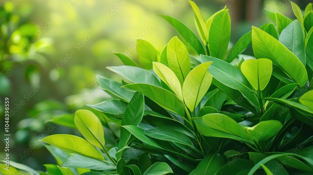 Obraz premium Lush green leaves with soft light, creating a peaceful natural scene