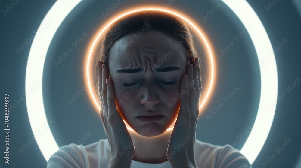 A person experiencing stress, with hands on head and a halo of light accentuating their expression. A person experiencing stress, with hands on head and a halo of light accentuating their expression.