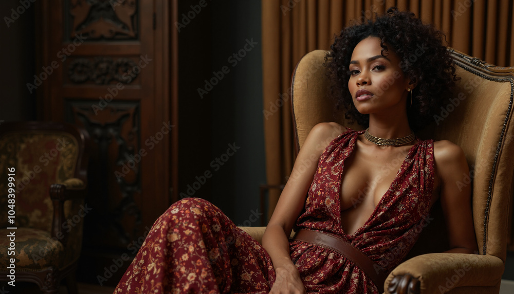 A portrait of a young black woman with curly black hair, wearing a red dress. She's sitting in a chair and looking directly at the camera. The photo was taken indoors with natural lighting. A portrait of a young black woman with curly black hair, wearing a red dress. She's sitting in a chair and looking directly at the camera. The photo was taken indoors with natural lighting.