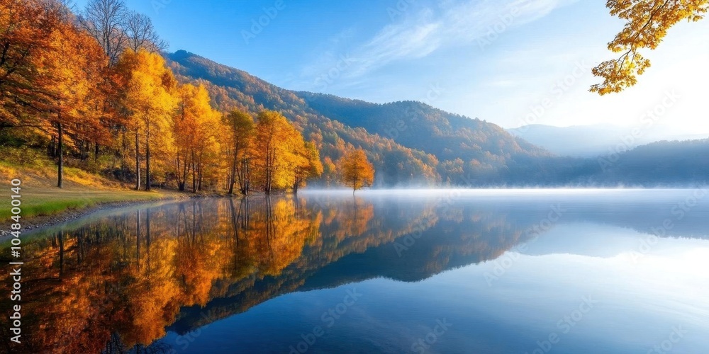 Obraz premium A serene lake mirrors the golden autumn woods, mist drifting across the water in the gentle morning light, creating a tranquil Thanksgiving scene.