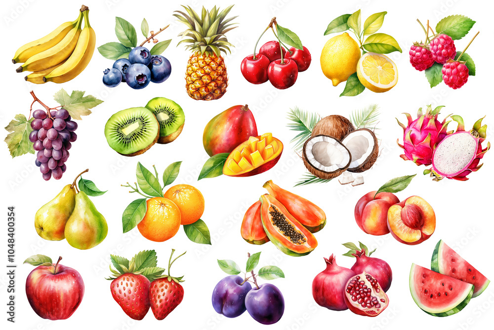 Big set fruits isolated on transparent background, exotic, tropical fruits, berries, summer clipart Big set fruits isolated on transparent background, exotic, tropical fruits, berries, summer clipart