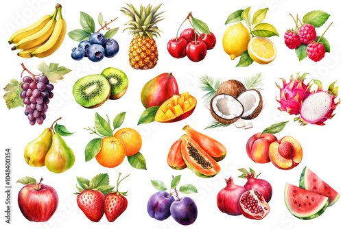 Big set fruits isolated on transparent background, exotic, tropical fruits, berries, summer clipart