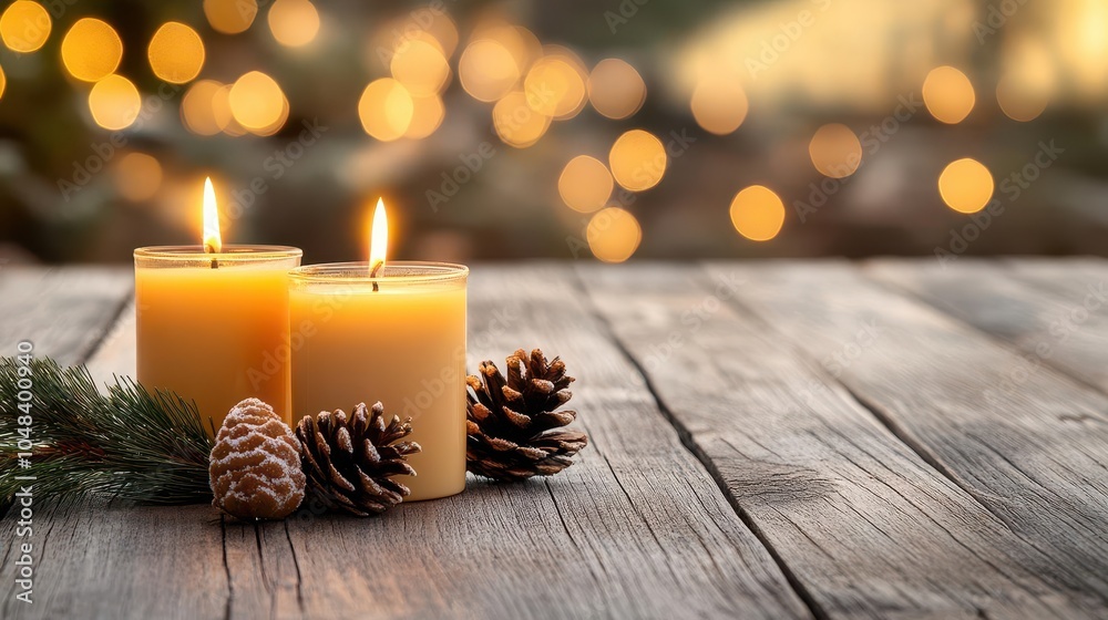 Rustic holiday candles burning on a wooden table surrounded by handmade decorations, soft evening light. Rustic holiday candles burning on a wooden table surrounded by handmade decorations, soft evening light.