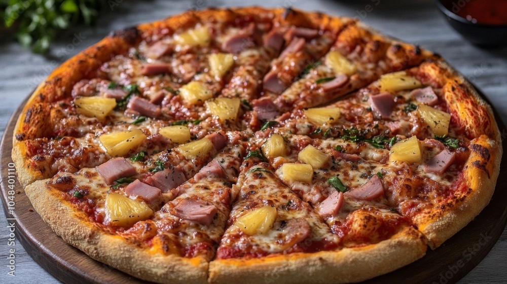Delicious Hawaiian pizza with ham. Delicious Hawaiian pizza with ham.