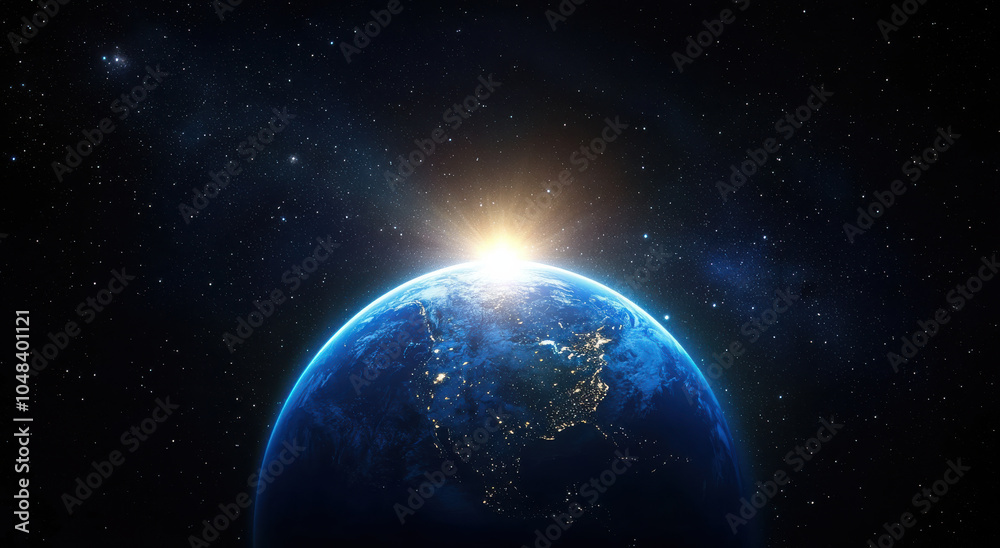 stunning view of Earth from space, showcasing vibrant blue planet illuminated by suns rays at dawn. vastness of universe surrounds it, creating breathtaking cosmic scene stunning view of Earth from space, showcasing vibrant blue planet illuminated by suns rays at dawn. vastness of universe surrounds it, creating breathtaking cosmic scene