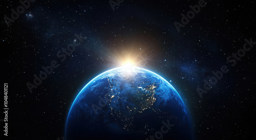 stunning view of Earth from space, showcasing vibrant blue planet illuminated by suns rays at dawn. vastness of universe surrounds it, creating breathtaking cosmic scene