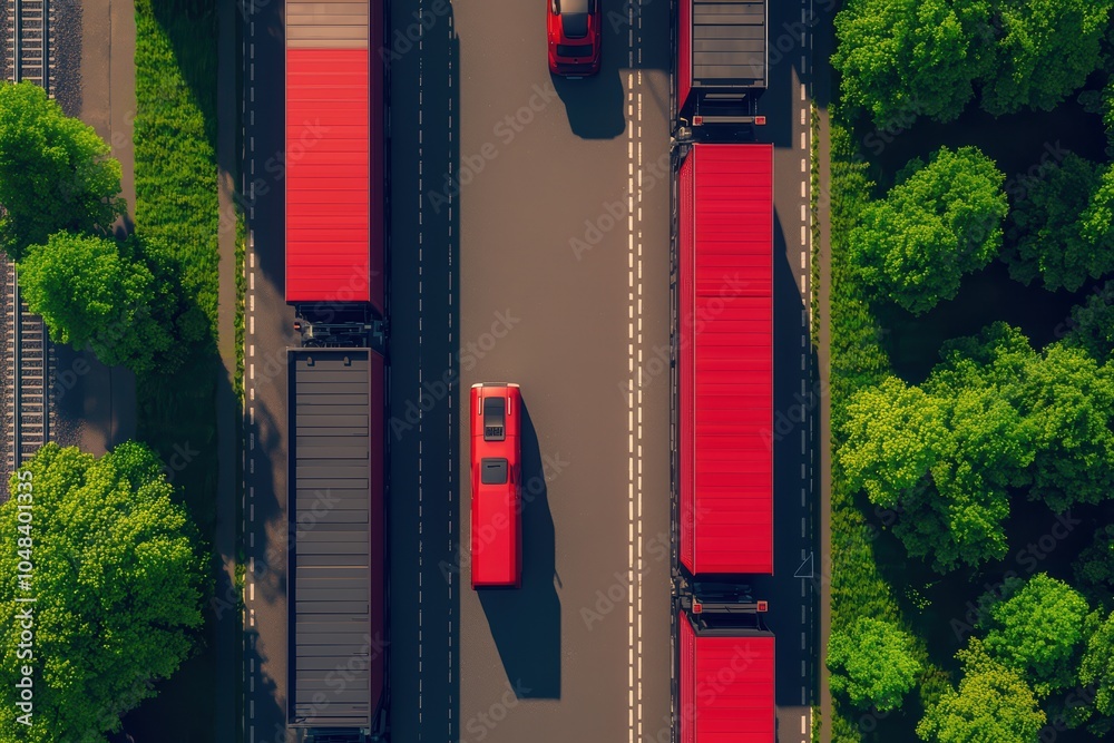 Obraz premium Aerial view of red trucks and vehicles on a highway surrounded by greenery.