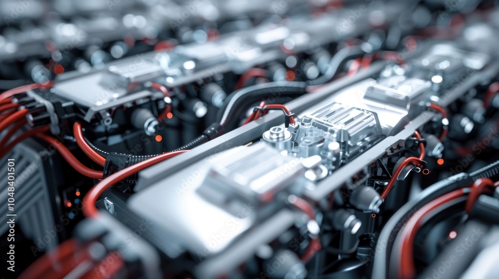 Close-up of an intricate and detailed automotive engine with red wires Close-up of an intricate and detailed automotive engine with red wires