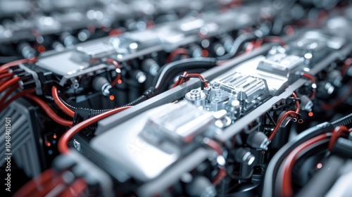 Close-up of an intricate and detailed automotive engine with red wires