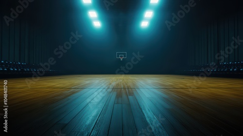 Basketball court with dramatic lighting, showcasing polished wooden floor and hoop in a dark arena. photo