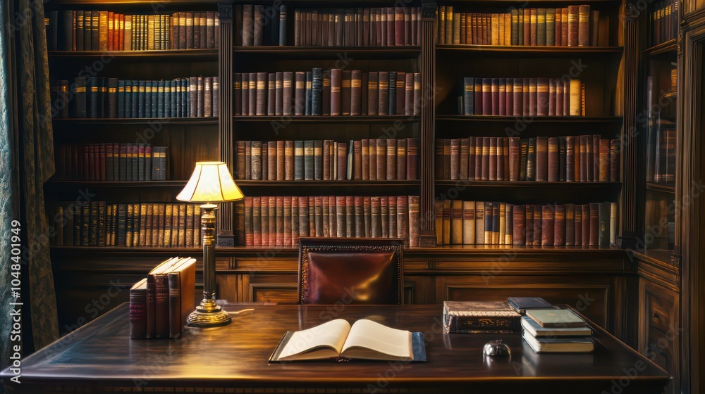 A wooden desk with an open book and a lamp in front of a large bookshelf filled with books. A wooden desk with an open book and a lamp in front of a large bookshelf filled with books.