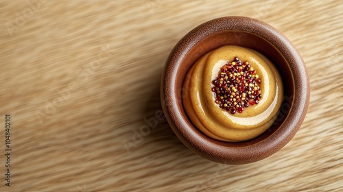 Creamy Mustard Sauce in Wooden Bowl on Table photo