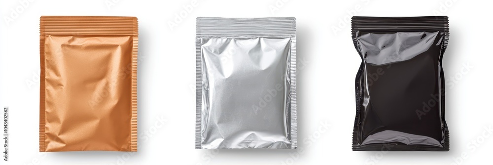 Three Foil Pouches in Gold, Silver, and Black, Versatile Packaging Mockup for Food, Beverage, or Cosmetic Products Three Foil Pouches in Gold, Silver, and Black, Versatile Packaging Mockup for Food, Beverage, or Cosmetic Products