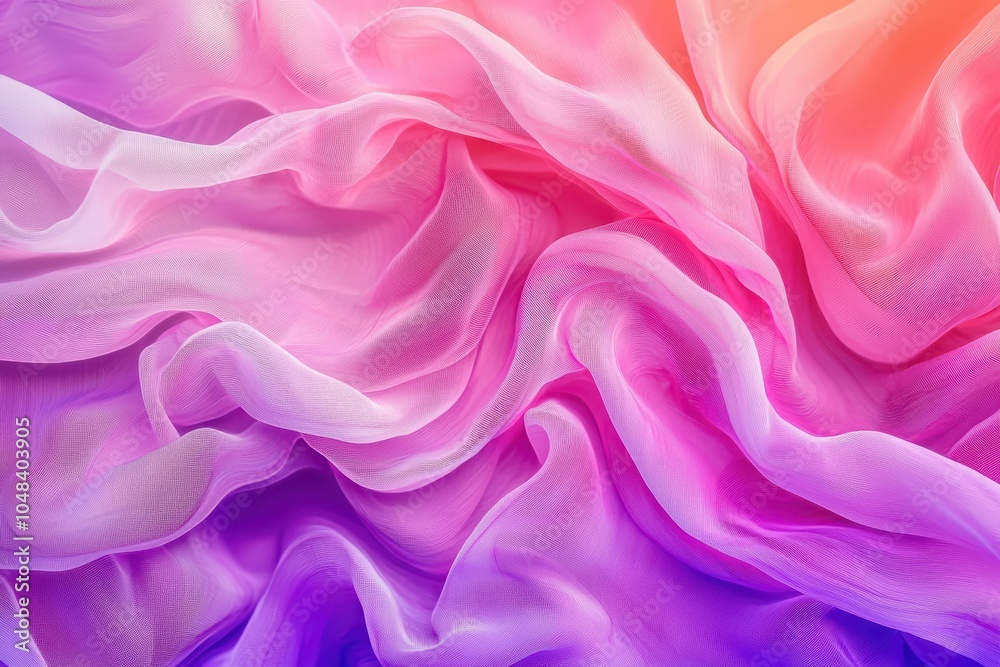 Fototapeta premium Colorful silk fabric texture with flowing waves in pink and purple shades.