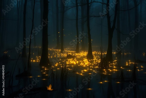 Swamp with Fireflies A mysterious swamp with glowing fireflies h photo