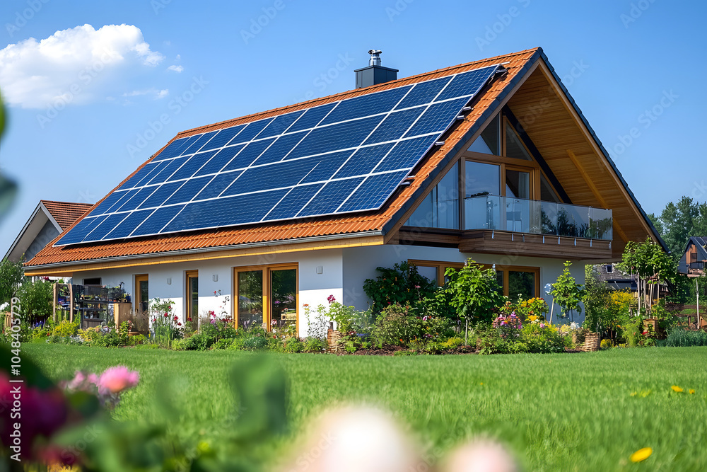 New modern eco friendly passive house with a photovoltaic system on the roof and landscaped yard. Solar panels on the gable roof New modern eco friendly passive house with a photovoltaic system on the roof and landscaped yard. Solar panels on the gable roof