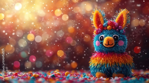 Festive Llama Piñata in a Colorful Confetti Wonderland