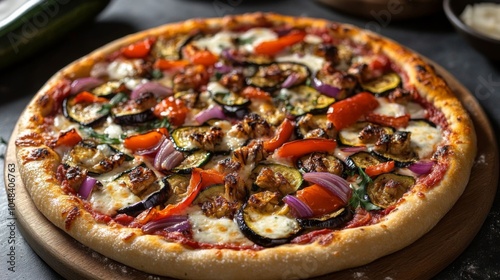 Colorful roasted vegetable pizza.