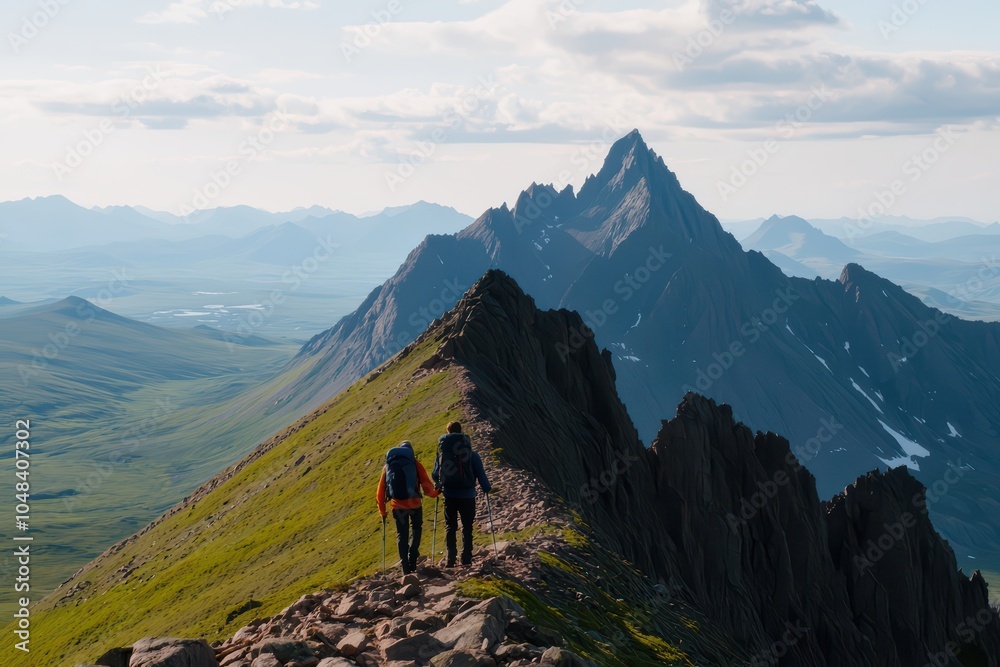 Obraz premium Hikers explore a rugged mountain ridge with vast green valleys and peaks in the background under a clear sky.