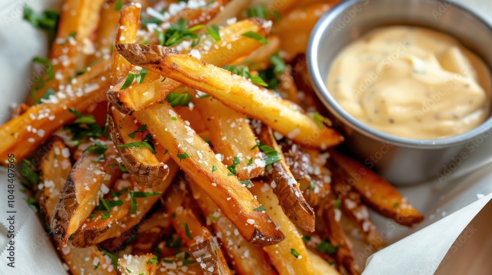 Close-up of Crispy French Fries with Parsley and Salt, Served with Creamy Dip Close-up of Crispy French Fries with Parsley and Salt, Served with Creamy Dip