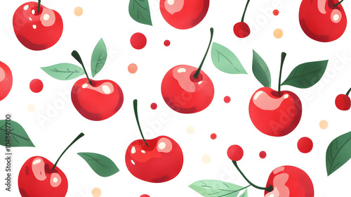 Seamless cherry pattern featuring vibrant red cherries on a fresh green background, highlighting the sweetness of ripe fruit in a fun, illustrative style